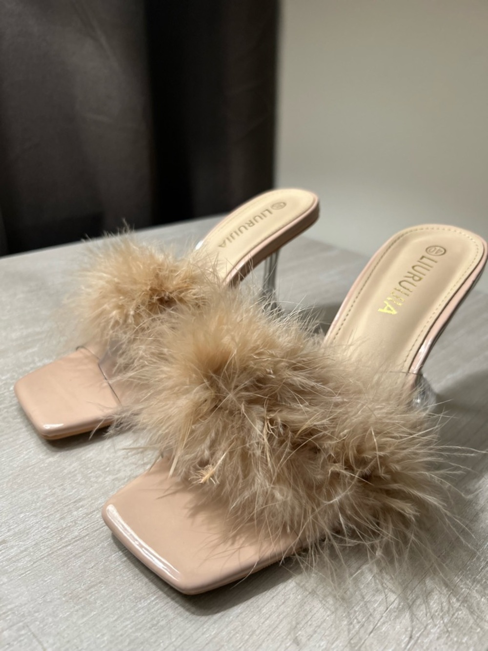Beige Ostrich Feather Lucite Heels